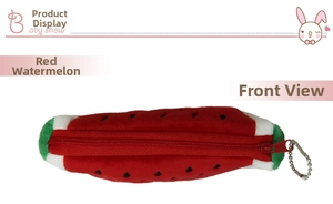 Front view of a plush red watermelon coin purse with black seed embroidery and green edges