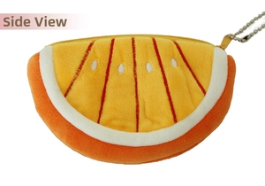 Side view of plush orange slice coin purse with embroidery details and metal bead chain