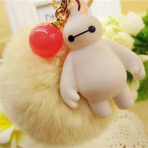 Macro view of Big Hero 6 Baymax character keychain with a soft yellow faux fur pompom
