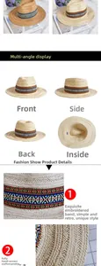 Detailed close-up of handmade straw hat featuring colorful geometric embroidery band