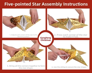 Step-by-step assembly guide for a golden laser-cut 3D star Christmas decoration