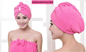 Microfiber hair towel wrap and spa bath dress set in vibrant rose red for women
