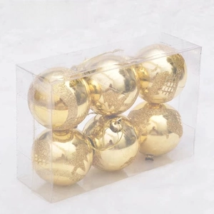 Set of 6 golden Christmas balls with glitter texture in a clear rectangular gift box