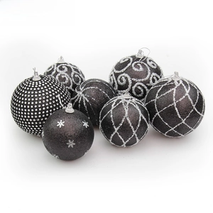 Detailed view of luxury 8cm black Christmas ball ornaments with silver rhinestone patterns