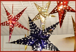 Detail of 3D laser-cut star lampshades with moon patterns and reflective coating