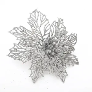 Silver hollow glitter poinsettia flower ornament with sparkling sequins for Christmas decor