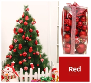 Detailed set of red Christmas ornaments including baubles and festive shapes in a gift box