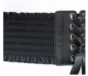 Wide black corset belt with lace-up design, elastic ruffle waist cinch for dresses
