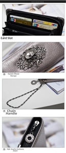 Detailed views of punk skull wallet with card slots, metal chain, and embossed texture