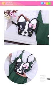 Détail du sac bandoulière bouledogue pour enfants avec visage 3D et petit nœud