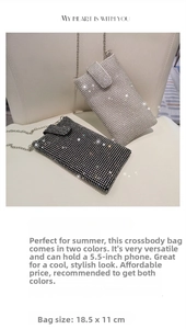 Close-up of rhinestone crossbody phone bags in black and silver with chain straps