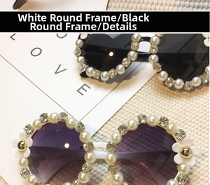 Detail of round sunglasses with inlaid pearls, crystal rhinestones and white flowers