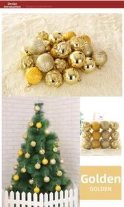 Close-up of golden Christmas balls with glitter, matte, and textured geometric patterns