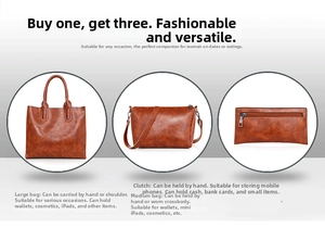 Three-piece brown oil wax leather bag set including tote, crossbody and small pouch