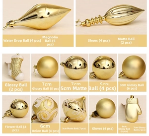 Detailed set of assorted gold Christmas ornaments with shiny, matte and textured finishes