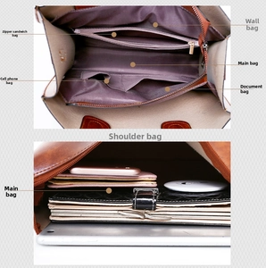 Detailed interior view of brown vintage bag showing multiple pockets and large storage capacity