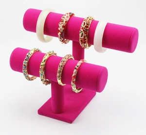 Double-tier rose red velvet T-bar stand for displaying bracelets and watches