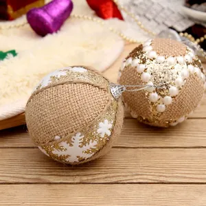 Linen Christmas ball ornaments with white snowflakes, golden glitter and pearls decorations
