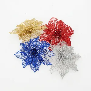 Glitter hollow Christmas tree flowers in gold, red, blue, and silver for festive decoration