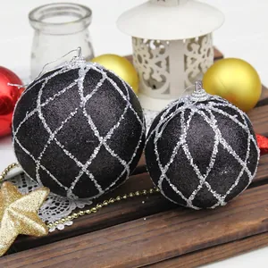 8cm black Christmas ball ornaments with silver glitter plaid pattern and star decor