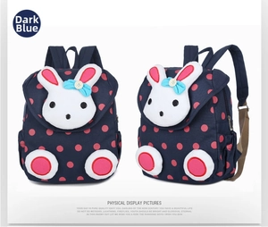 Front and side view of dark blue canvas kids backpack with pink polka dots and rabbit