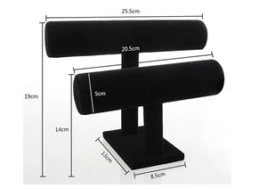Detailed dimensions of a black velvet double T-bar jewelry and watch display stand