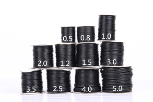 Comparison of black wax cord in various thickness sizes from 0.5mm to 5.0mm for DIY jewelry