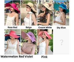 Collage of wide brim straw hats for women in seven colors for beach sun protection