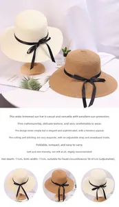 Detail of wide brim straw hat with dimensions 11cm brim depth and adjustable ribbon bow