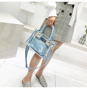 Detail showing transparent jelly material with blue inner pouch and gold hardware