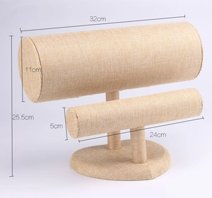 Detailed view of beige linen double-layer jewelry stand with 32cm and 24cm display bars