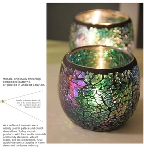 Macro shot of mosaic glass candle holder with vibrant purple, blue and green inlay detail