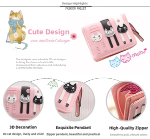 Detailed views of a pink cat-themed short wallet featuring a cute cat paw zipper pull