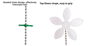 Close-up of stainless steel beaded chain and silicone hooks for drain hair catching