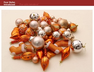 Close-up of orange and champagne Christmas ball ornaments with glitter and matte textures