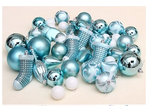 Detail of blue and white Christmas ornaments set with matte, glossy and glitter textures