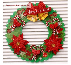 3D paper Christmas wreath with Merry Christmas banner, red bow, and golden bells decor