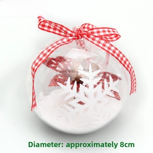 Detailed view of 8cm clear Christmas ball with red petals, snow powder and plaid bow