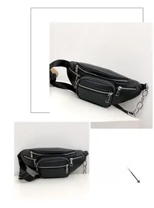Detail of black multi-pocket waist bag with silver metal chain and utility zippers