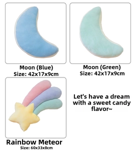 Detailed size specifications for blue moon and rainbow star plush decorative cushions