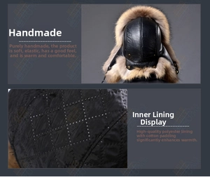 Detail of the thick faux fox fur lining and quilted inner layer of the leather trapper hat