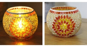 Dual view of mosaic glass candle holder showing lit warm glow and unlit diamond patterns