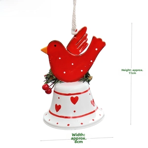Christmas iron bird bell decoration with red heart pattern and rustic hemp rope, 11cm high