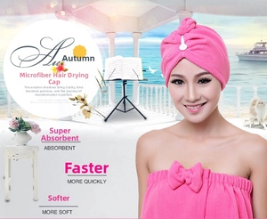 Pink microfiber hair drying cap and bath wrap towel set with decorative bow tie