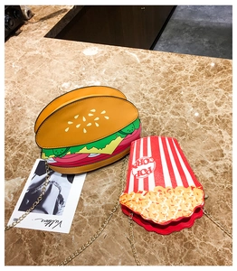 Detailed top view of hamburger and popcorn shaped PU leather bags with gold chains