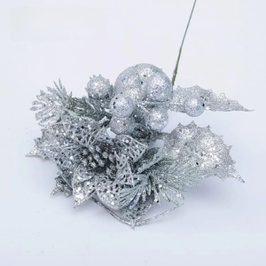 Silver artificial Christmas pine needles with holly leaves and glitter berry sprig details
