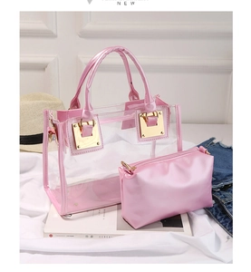 Detail of transparent PVC jelly bag with pink leather trim and matching inner pouch