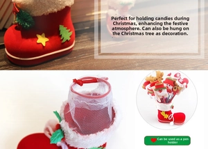 Detailed view of red velvet Christmas boot with white fur trim and mesh candy storage bag