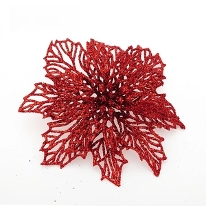 Detailed view of red glitter poinsettia flower with hollow mesh petals for Christmas decor