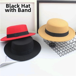 Flat top fedora wool hat details featuring decorative black ribbon band in three colors